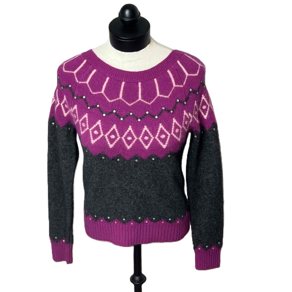 Vintage Wool Angora Pink Fair‎ Isle Pattern Long Sleeve Crew Neck Sweater PS